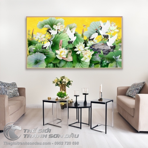 Tranh Vẽ Đàn Chim Hạc Đang Tung Cánh Trên Ao Sen Trắng