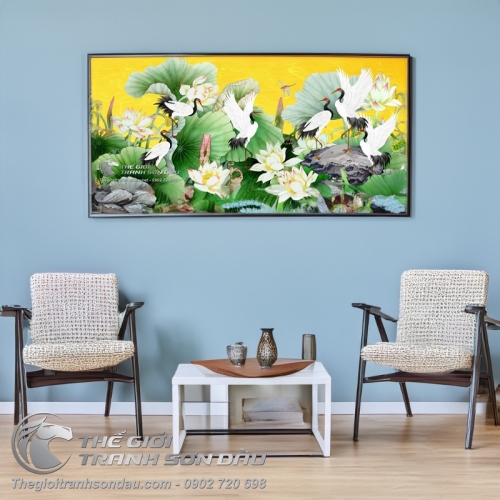 Tranh Vẽ Đàn Chim Hạc Đang Tung Cánh Trên Ao Sen Trắng
