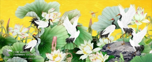 Tranh Vẽ Đàn Chim Hạc Đang Tung Cánh Trên Ao Sen Trắng