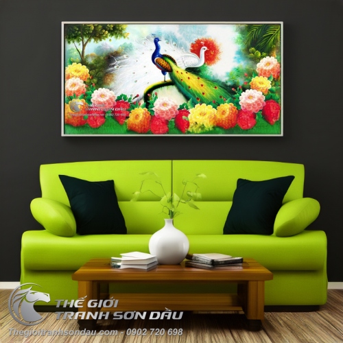 Tranh Vẽ Đôi Chim Công và Hoa Mẫu Đơn