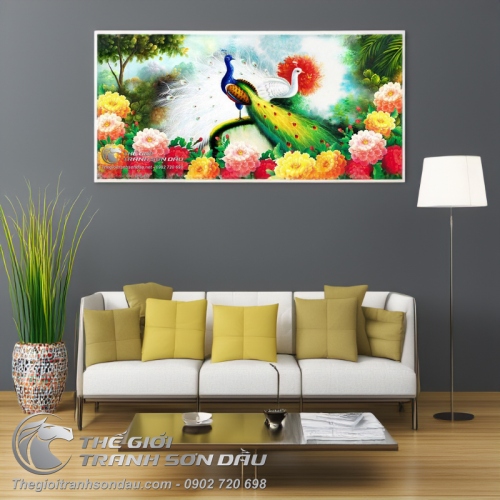 Tranh Vẽ Đôi Chim Công và Hoa Mẫu Đơn