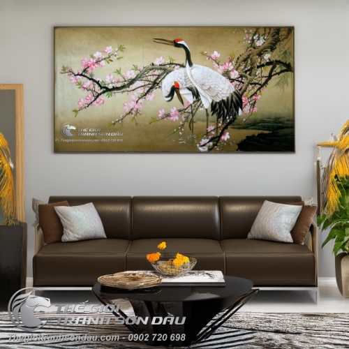 Tranh Vẽ Đôi Chim Hạc Bên Cành Đào