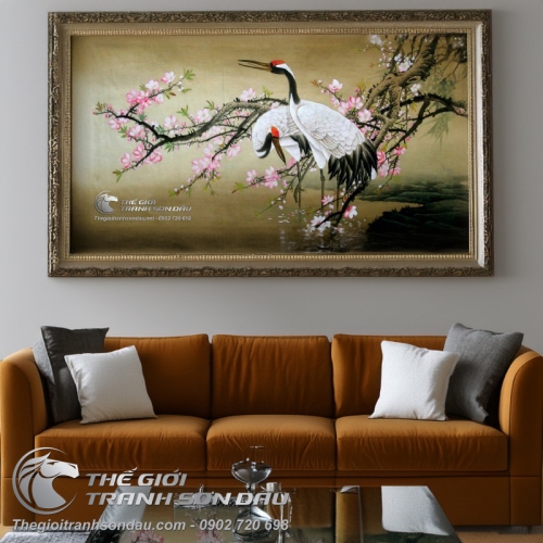 Tranh Vẽ Đôi Chim Hạc Bên Cành Đào