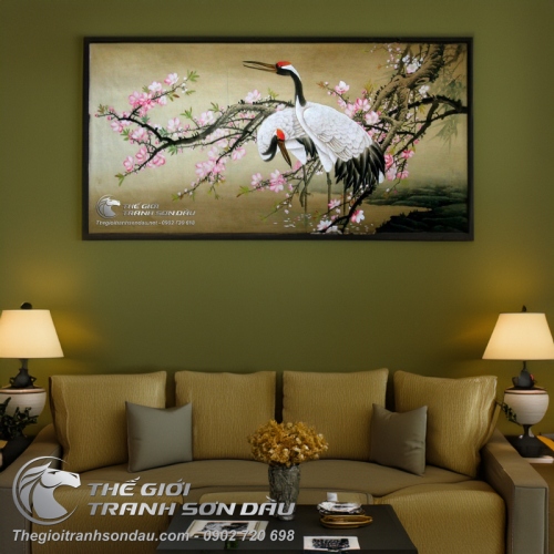 Tranh Vẽ Đôi Chim Hạc Bên Cành Đào