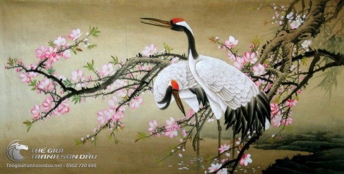 Tranh Vẽ Đôi Chim Hạc Bên Cành Đào