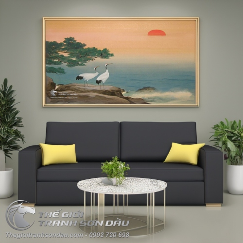 Tranh Vẽ Đôi Chim Hạc Đang Ngắm Hoàng Hôn