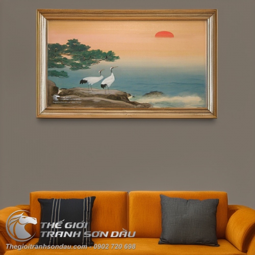 Tranh Vẽ Đôi Chim Hạc Đang Ngắm Hoàng Hôn