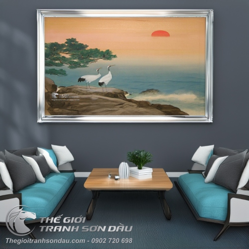 Tranh Vẽ Đôi Chim Hạc Đang Ngắm Hoàng Hôn
