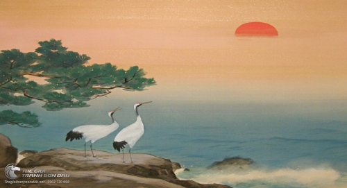 Tranh Vẽ Đôi Chim Hạc Đang Ngắm Hoàng Hôn