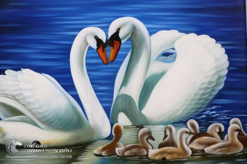 Tranh Vẽ Đôi Thiên Nga và Đàn Con