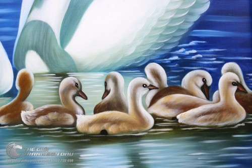 Tranh Vẽ Đôi Thiên Nga và Đàn Con