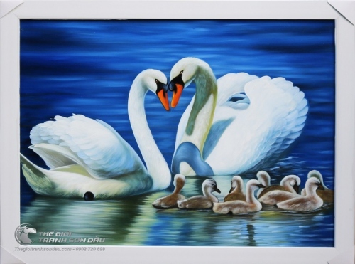 Tranh Vẽ Đôi Thiên Nga và Đàn Con