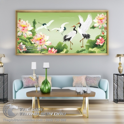 Tranh Vẽ Hai Đôi Chim Hạc Bên Đầm Sen Hồng