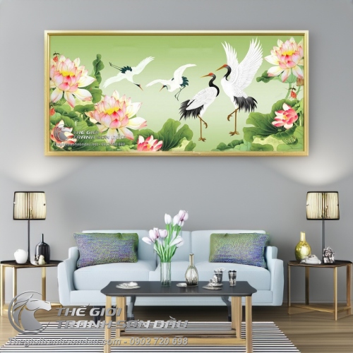 Tranh Vẽ Hai Đôi Chim Hạc Bên Đầm Sen Hồng