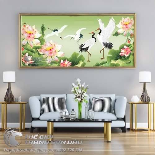 Tranh Vẽ Hai Đôi Chim Hạc Bên Đầm Sen Hồng