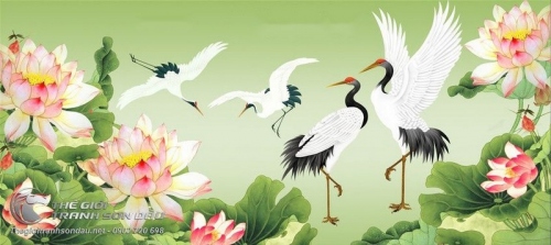 Tranh Vẽ Hai Đôi Chim Hạc Bên Đầm Sen Hồng