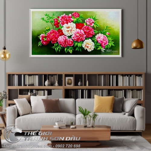 Tranh Vẽ Hoa Mẫu Đơn Treo Tường Màu Sơn Dầu Cao Cấp