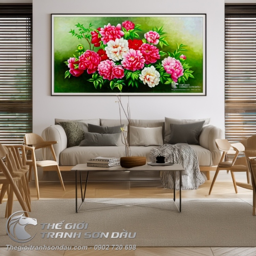 Tranh Vẽ Hoa Mẫu Đơn Treo Tường Màu Sơn Dầu Cao Cấp