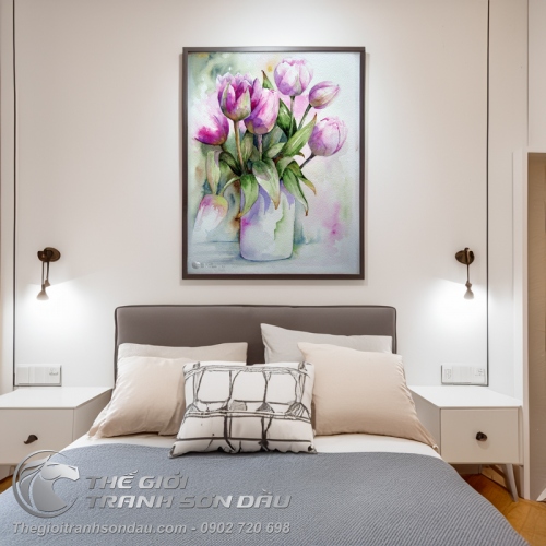 Tranh Vẽ Lọ Hoa Tulip Màu Tím Mộng Mơ