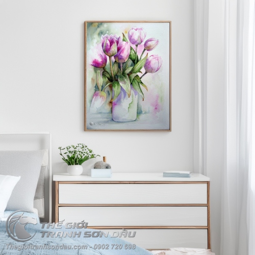 Tranh Vẽ Lọ Hoa Tulip Màu Tím Mộng Mơ
