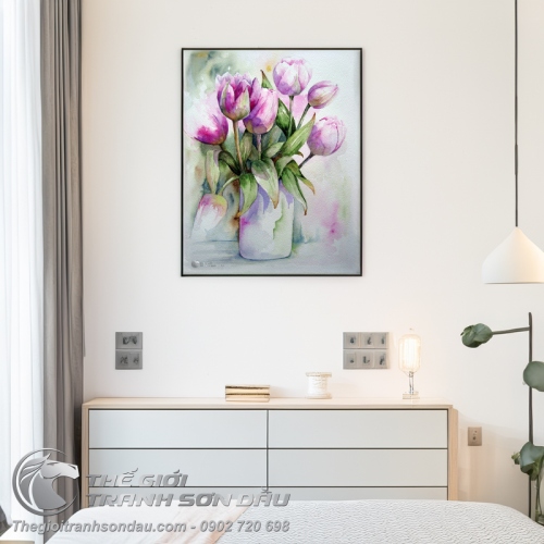 Tranh Vẽ Lọ Hoa Tulip Màu Tím Mộng Mơ