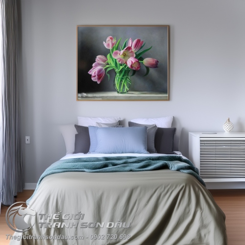 Tranh Vẽ Lọ Hoa Tulip Màu Tím Trang Trí Nghệ Thuật