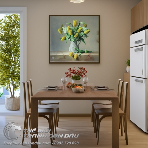 Tranh Vẽ Lọ Hoa Tulip Vàng Và Hoa Loa Kèn Trắng