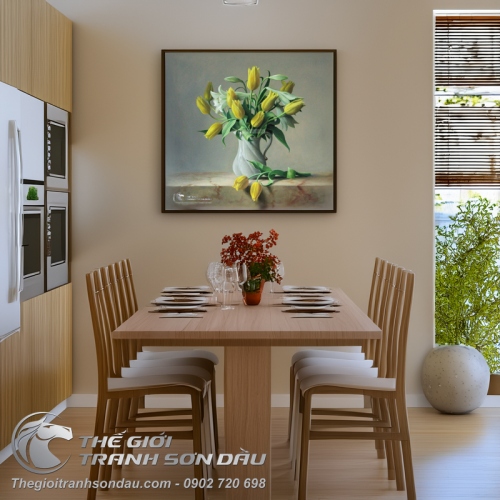 Tranh Vẽ Lọ Hoa Tulip Vàng Và Hoa Loa Kèn Trắng