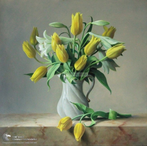Tranh Vẽ Lọ Hoa Tulip Vàng Và Hoa Loa Kèn Trắng