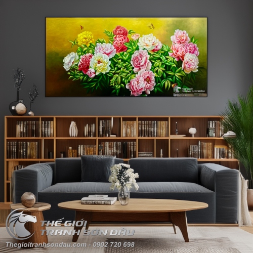 Tranh Vẽ Màu Sơn Dầu Hoa Mẫu Đơn Khoe Sắc Thắm Rực Rỡ