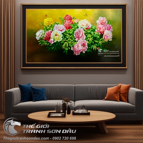 Tranh Vẽ Màu Sơn Dầu Hoa Mẫu Đơn Khoe Sắc Thắm Rực Rỡ