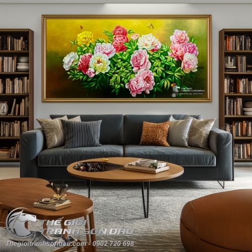 Tranh Vẽ Màu Sơn Dầu Hoa Mẫu Đơn Khoe Sắc Thắm Rực Rỡ