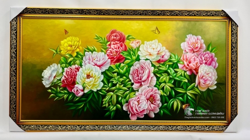 Tranh Vẽ Màu Sơn Dầu Hoa Mẫu Đơn Khoe Sắc Thắm Rực Rỡ