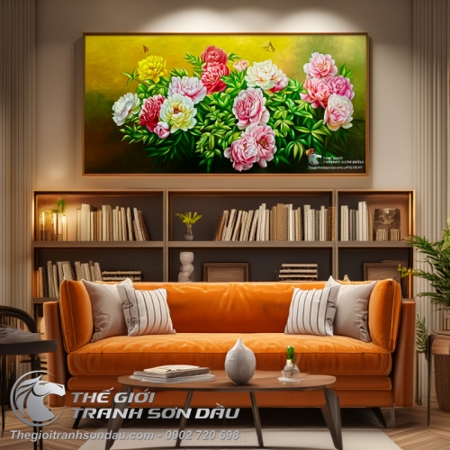 Tranh Vẽ Màu Sơn Dầu Hoa Mẫu Đơn Khoe Sắc Thắm Rực Rỡ