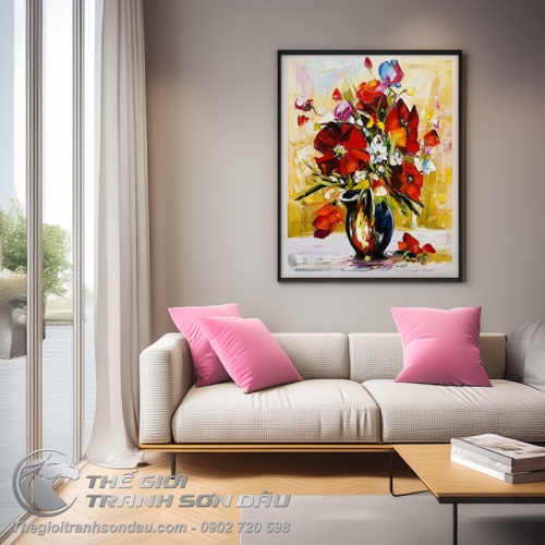Tranh Vẽ Nghệ Thuật Bình Hoa Chất Liệu Sơn Dầu