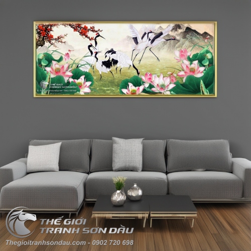 Tranh Vẽ Những Chú Chim Hạc Bên Cành Đào Đỏ Rực