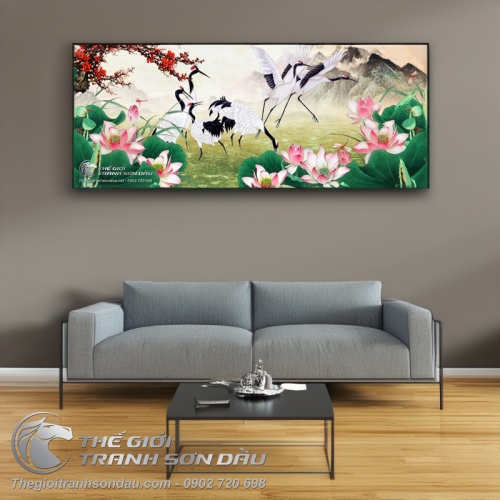 Tranh Vẽ Những Chú Chim Hạc Bên Cành Đào Đỏ Rực