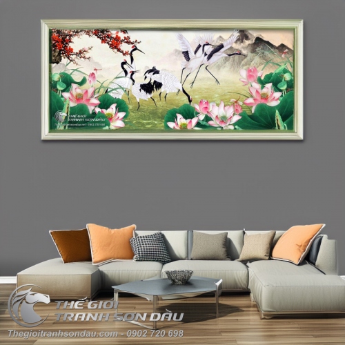 Tranh Vẽ Những Chú Chim Hạc Bên Cành Đào Đỏ Rực