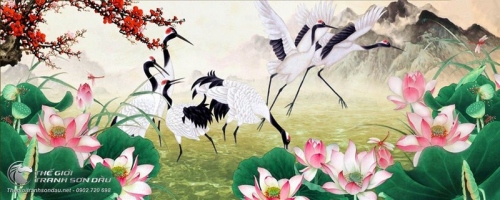 Tranh Vẽ Những Chú Chim Hạc Bên Cành Đào Đỏ Rực