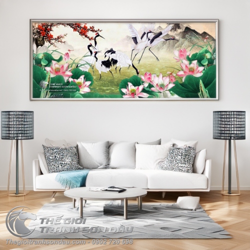 Tranh Vẽ Những Chú Chim Hạc Bên Cành Đào Đỏ Rực