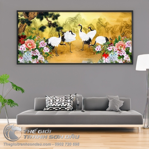 Tranh Vẽ Những Chú Chim Hạc Bên Hoa Mẫu Đơn Và Cây Tùng