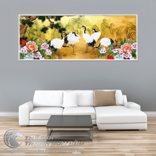 Tranh Vẽ Những Chú Chim Hạc Bên Hoa Mẫu Đơn Và Cây Tùng