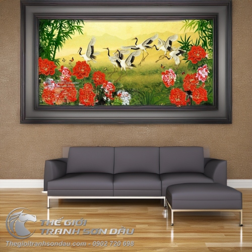 Tranh Vẽ Những Chú Chim Hạc Bên Hoa Mẫu Đơn Và Khóm Trúc