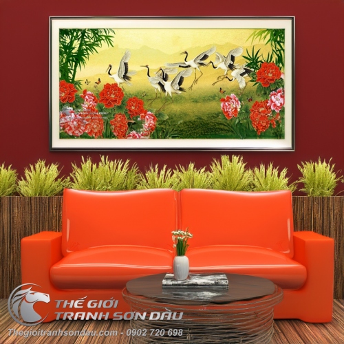 Tranh Vẽ Những Chú Chim Hạc Bên Hoa Mẫu Đơn Và Khóm Trúc