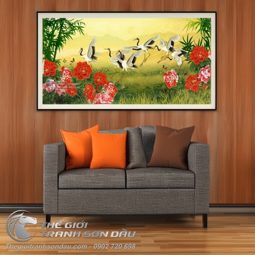 Tranh Vẽ Những Chú Chim Hạc Bên Hoa Mẫu Đơn Và Khóm Trúc