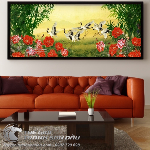 Tranh Vẽ Những Chú Chim Hạc Bên Hoa Mẫu Đơn Và Khóm Trúc