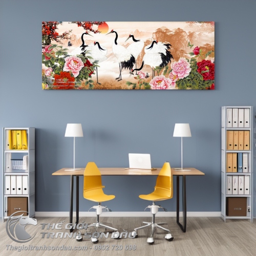 Tranh Vẽ Những Chú Chim Hạc Bên Hoa Mẫu Đơn Và Mặt Trời Đỏ