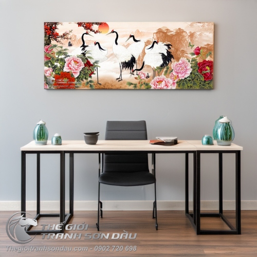 Tranh Vẽ Những Chú Chim Hạc Bên Hoa Mẫu Đơn Và Mặt Trời Đỏ