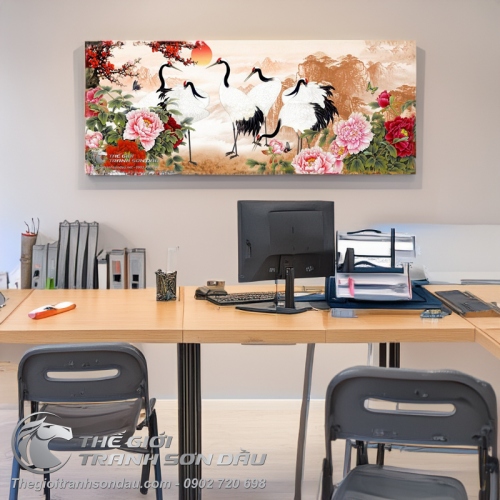 Tranh Vẽ Những Chú Chim Hạc Bên Hoa Mẫu Đơn Và Mặt Trời Đỏ