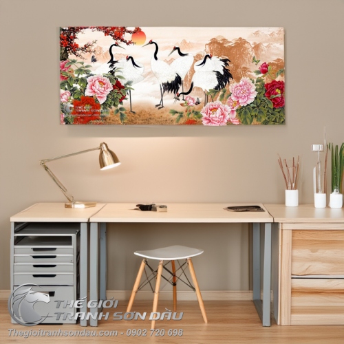 Tranh Vẽ Những Chú Chim Hạc Bên Hoa Mẫu Đơn Và Mặt Trời Đỏ